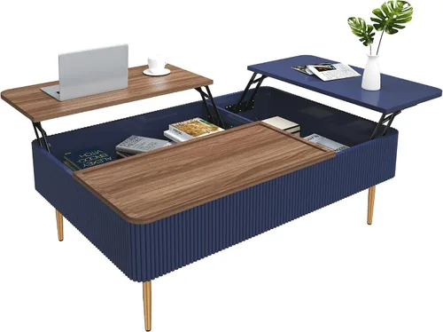 HLR Mesa auxiliar de doble elevación de 47 pulgadas con almacenamiento, moderna mesa de centro de madera acanalada con compartimento oculto, mesa