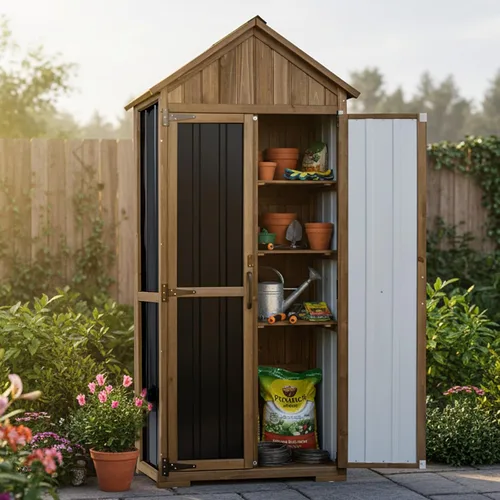 Miniatura 13 de Pequeño armario de almacenamiento para exteriores con estante, cobertizo de almacenamiento de madera blanca y plástico con techo impermeable
