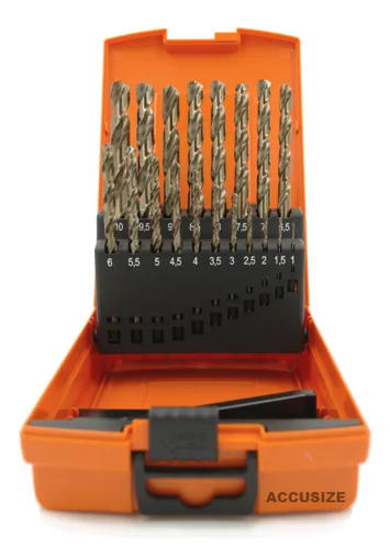 Accusize Industrial Tools M35 H.S.S. Plus Juego de brocas métricas de cobalto al 5%, punta dividida de 135 grados, 1 a 0.394 in por 0.020 in en caja