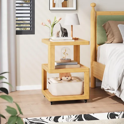 Miniatura 5 de ZIYOO Mesa auxiliar móvil de madera maciza de 3 niveles con ruedas, mesita de noche de madera, organizador de almacenamiento de diseño flotante