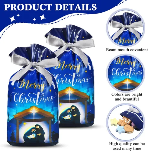 Miniatura 3 de Funrous 50 piezas de bolsas de regalo de Natividad - Bolsas de Navidad con cordón de plástico con lazos para regalos religiosos, Navidad, presentes