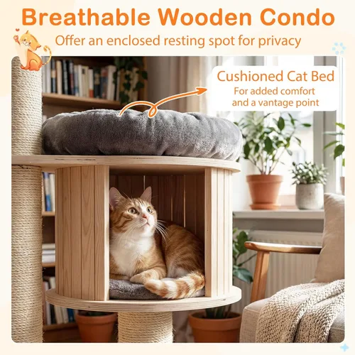 Miniatura 4 de Tangkula Árbol moderno para gatos, torre grande de varios niveles con condominio, hamacas y cesta colgante, árbol alto para gatos con postes