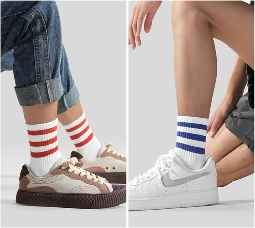 Miniatura 7 de 4 pares de calcetines a rayas para mujer, calcetines deportivos retro de algodón, elásticos, calcetines novedosos, unisex, multicolor