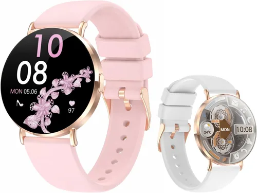Relojes inteligentes para mujer, pulseras pequeñas, correa de silicona rosa de 1.614 in, reloj inteligente con llamada Bluetooth, pantalla AMOLED,