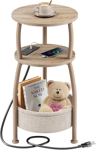 Miniatura 10 de Mesa auxiliar redonda para espacios pequeños con cesta de almacenamiento, mesa auxiliar pequeña de 3 niveles, mesa esquinera para sala de estar