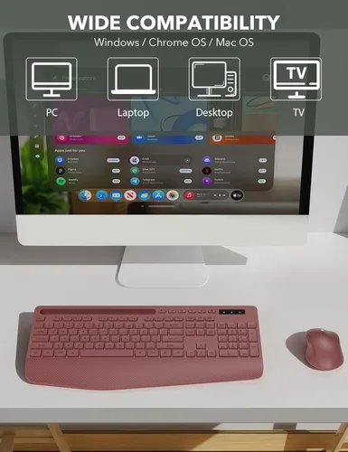 Miniatura 9 de Combo de teclado y ratón inalámbrico - Teclado ergonómico de tamaño completo con reposa muñecas, soporte para teléfono, modo de suspensión, combo