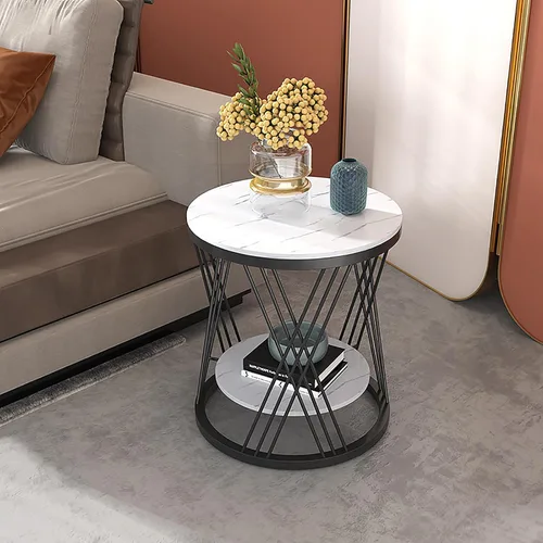 Miniatura 2 de Mesas auxiliares redondas, mesa auxiliar blanca y dorada de 2 niveles, mesita de noche moderna, mesa auxiliar pequeña con almacenamiento, mesa