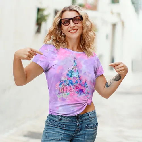 Miniatura 3 de FRYAID Camiseta mágica para mujer, diseño de castillo del reino y teñido anudado, camisetas de manga corta para vacaciones familiares