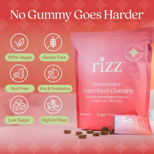 Miniatura 3 de Rizz Gomitas verdes sin azúcar, más de 60 superalimentos, 6g de fibra, gomitas prebióticas y probióticas, multivitaminas veganas para mujeres