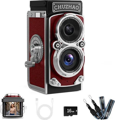 CHUZHAO Mini Cámara Digital Retro - Cámara de Vlogging Estilo TLR Vintage de Apuntar y Disparar con Enfoque Automático, Compacta y Portátil, Tarjeta