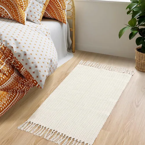 Miniatura 8 de Lahome Tapete bohemio para baño, tapete pequeño de 2 x 3 pies, tapete ligero para interiores, alfombra de algodón lavable con borlas, alfombra