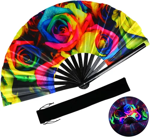 Ventilador plegable grande, ventilador de mano de bambú de 13 pulgadas con tinta reactiva UV, ventilador chino plegable Clark para festivales, Drag