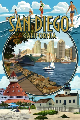 Lantern Press San Diego California - Rompecabezas de 1000 piezas dibujadas a mano para adultos - Piezas de corte aleatorio - Fabricado en Estados