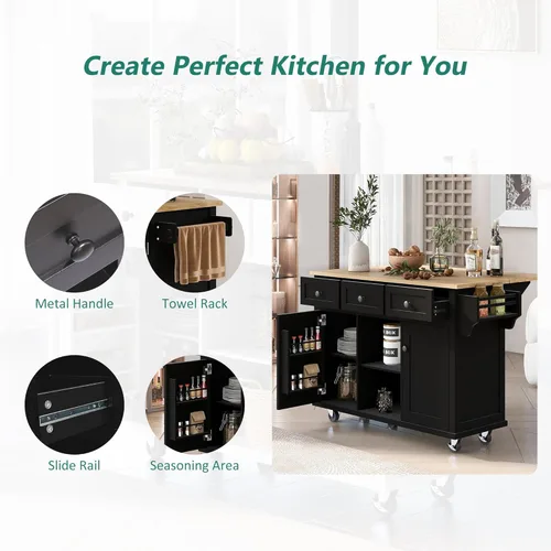 Miniatura 6 de LUMISOL Isla de cocina rodante con hoja abatible, carrito de cocina sobre ruedas con 3 cajones y 2 gabinetes, isla trolley portátil de madera