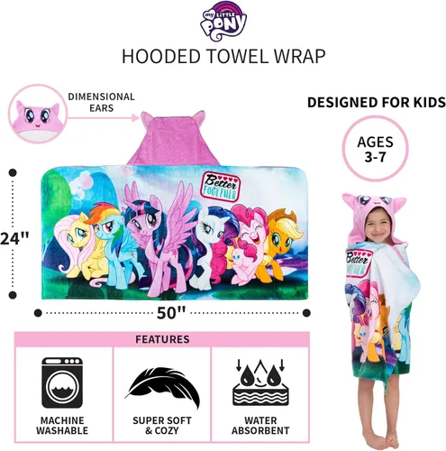 Miniatura 5 de My Little Pony Toalla Envolvente con Capucha de Rizo de Algodón Suave para Baño/Piscina/Playa, 24 x 50 pulgadas, Por Franco Kids Mi pequeño poni