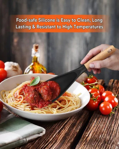 Miniatura 3 de Cuchara de cocina para utensilios de cocina antiadherentes, ideal para cocinar y servir silicona mate resistente sin BPA, cuchara con mango de Negro