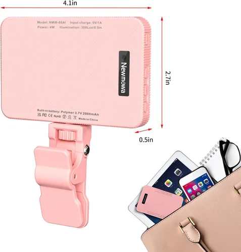 Miniatura 6 de Newmowa Luz rosa recargable para selfie, luz de video portátil con clip para teléfono/portátil/cámara con sensor inteligente, 3 modos, batería