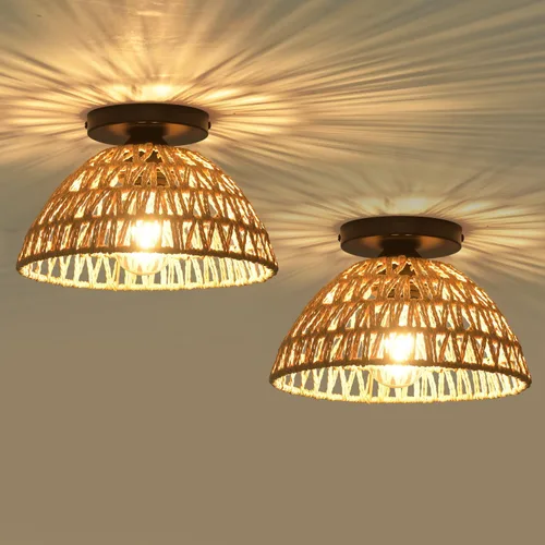 Miniatura 10 de 1 paquete de lámparas de granja para montaje en techo, mini lámpara de techo de ratán bohemio semiempotrada, accesorios de luz de pasillo tejidos a