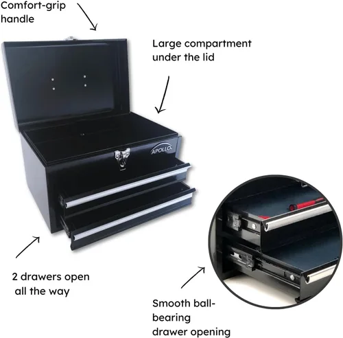 Miniatura 3 de Apollo Tools - Caja de herramientas de acero de 14 pulgadas con compartimento superior profundo y 2 cajones de acero resistente con apertura de Negro