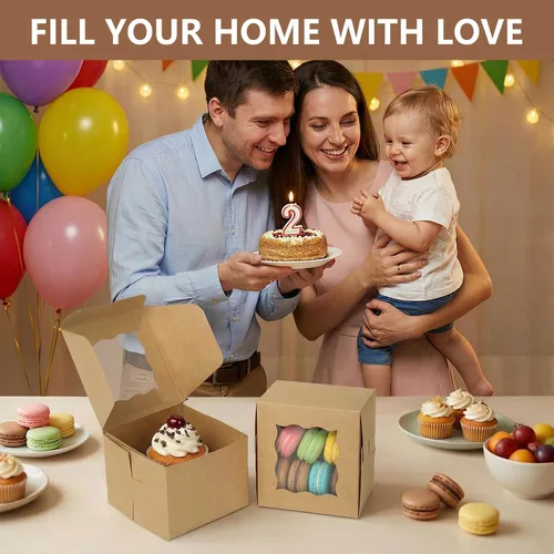 Miniatura 5 de Paquete de 80 cajas de galletas con ventana, cajas de papel kraft de 4 x 4 x 2.5 pulgadas para golosinas, postres, mini pasteles, galletas