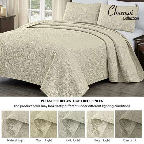 Miniatura 5 de Chezmoi Collection Luca - Juego de colcha de gran tamaño de 3 piezas, tamaño Queen, color beige, colcha de microfibra ligera de 100 x 106 pulgadas
