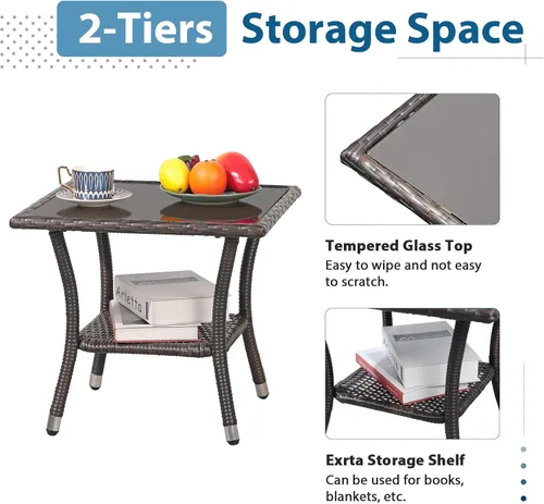 Miniatura 5 de Super Patio Mesa auxiliar de mimbre para patio al aire libre, mesa de centro de mimbre cuadrada con parte superior de vidrio, marco de aluminio