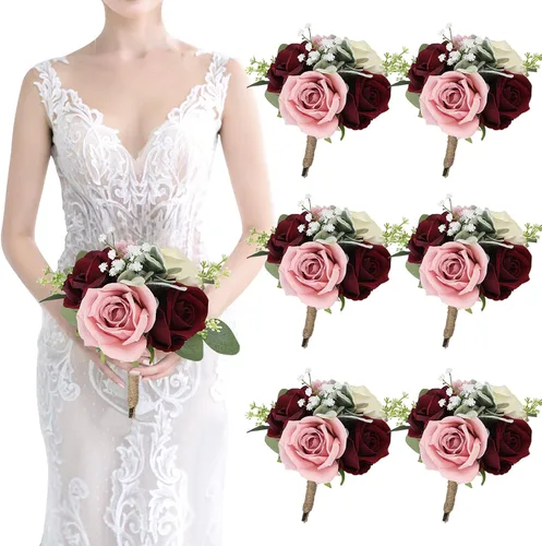 Miniatura 17 de Ramos de dama de honor para boda, juego de 6 ramos de flores artificiales para decoración de otoño, boda, propuesta de matrimonio, fiesta, Naranja
