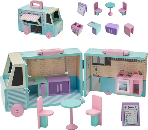 Olivia's Little World Casa de muñecas de camión de comida de madera + accesorios para muñecas de 3.5", multicolor