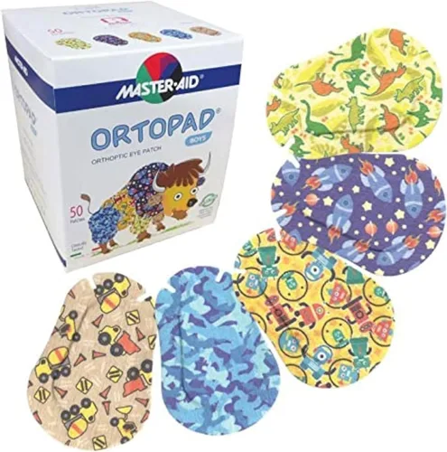Ortopad Parches de bambú para niños, 50/caja (tamaño mediano, 2-4 años) paquete de camuflaje azul