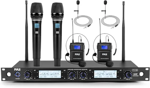 Pyle Sistema de micrófono inalámbrico UHF de 4 canales con 2 micrófonos de mano, 2 Lavalier 2 auriculares y transmisores de cinturón, rango de 300