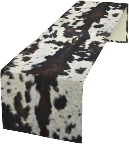 Miniatura 38 de Camino de mesa con estampado de piel de vaca, lino y algodón, rústico, estilo occidental, color negro, marrón, piel de vaca, para decoración