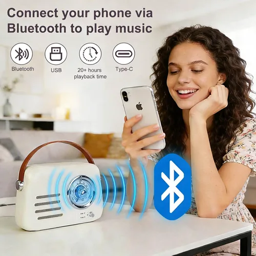 Miniatura 3 de Altavoz Bluetooth vintage con radio FM, caja de auge inalámbrica portátil, más de 20 horas de duración de la batería, radio retro