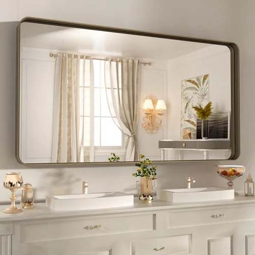 Miniatura 72 de WEER - Espejo de baño dorado, espejo de 40x32 pulgadas con marco de metal dorado cepillado, espejo de tocador de baño de oro para pared