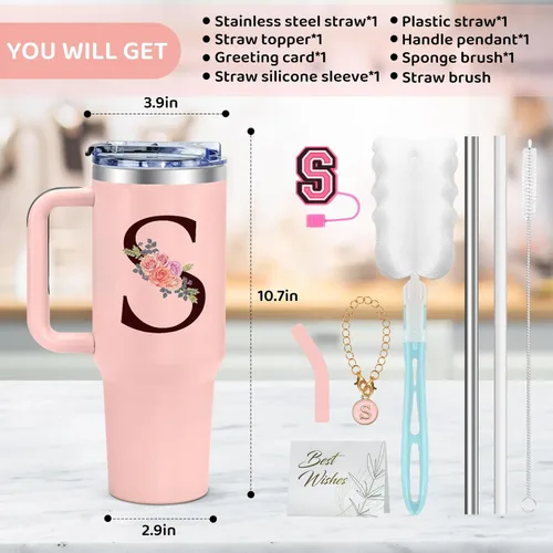 Miniatura 2 de Regalos de cumpleaños para mujeres, vaso con monograma con asa, regalos personalizados para mamá, regalo con monograma para mujer, vasos