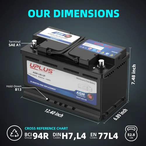 Miniatura 2 de UPLUS BCI Group 94R - Batería de coche, AGM-L80-UP sin mantenimiento, 12 V, 80 Ah, baterías AGM prémium H7 L4, 850CCA, 140RC
