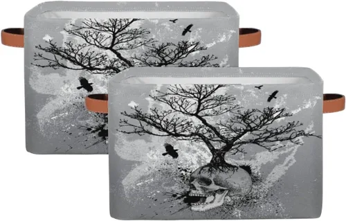 Miniatura 2 de Cesta de almacenamiento de calavera de Halloween, contenedor de almacenamiento plegable de cuervo de árbol de acuarela con asa de tela, caja