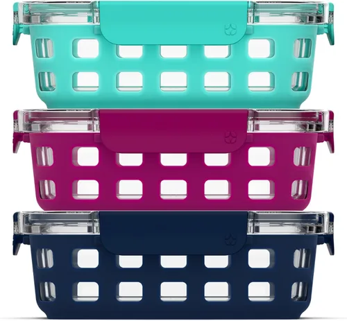 Ello Duraglass - Juego de 3 recipientes de vidrio para almacenamiento de alimentos de 3.4 tazas con funda de silicona y tapas de plástico herméticas