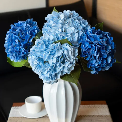 DUYONE 4 hortensias artificiales realistas de 22 pulgadas, 2 azules y 2 azul oscuro, flores artificiales grandes de tacto real, flores secas al aire