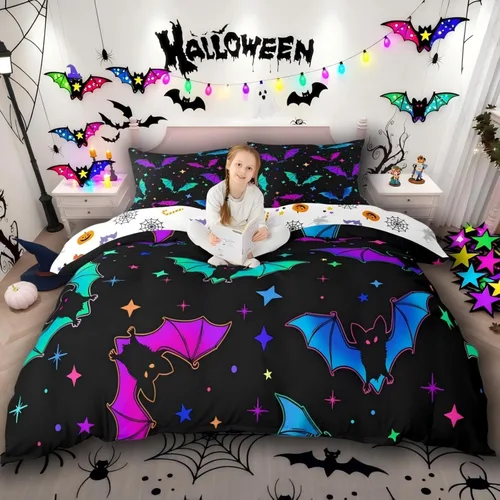 Erosebridal Juego de ropa de cama de murciélago de Halloween, tamaño individual, con purpurina y estrellas, galaxia, funda de edredón para niños y