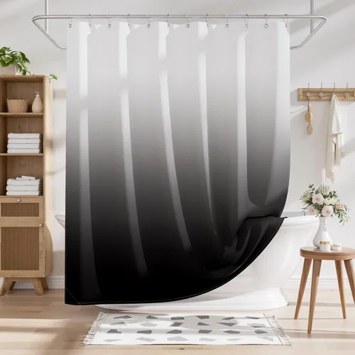 Miniatura 9 de AmazerBath Cortina de ducha, juego de cortina de tela ombre negra con 12 ganchos, cortina de ducha lavable de tela en negro y blanco, cortina