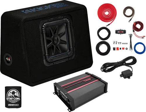 KICKER Subwoofer y amplificador Paquete de 3 artículos: carcasa de subwoofer individual L7S de 10 pulgadas con ventilación de 1200 W, amplificador
