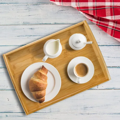 Miniatura 6 de Peohud Paquete de 4 bandejas de bambú para servir con asas, bandeja rectangular de comida de cocina para comer, bandejas de cena para comer