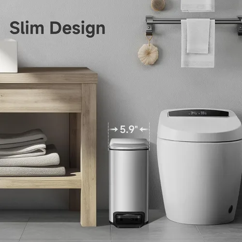 Miniatura 3 de TIPGO Cubo de basura delgado para baño con tapa de cierre suave, pedal de paso, cubo de basura de acero inoxidable de 6 litros/1.6 galones, cubos