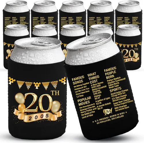 Miniatura 20 de Decoraciones de cumpleaños número 13, suministros y recuerdos de fiesta, fundas enfriadoras para latas de bebidas, paquete de 12, negro y dorado