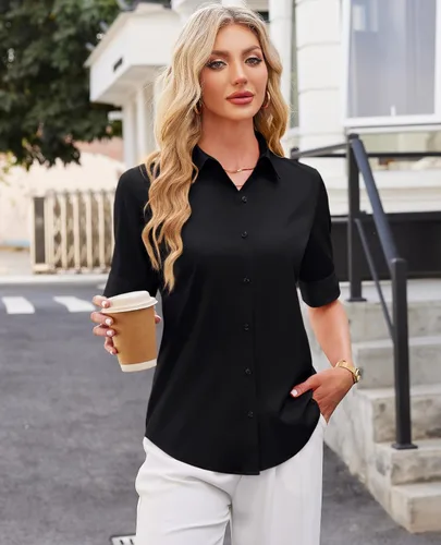 Miniatura 2 de Camisas con botones para mujer, ajustadas, de manga corta, con cuello, sin arrugas