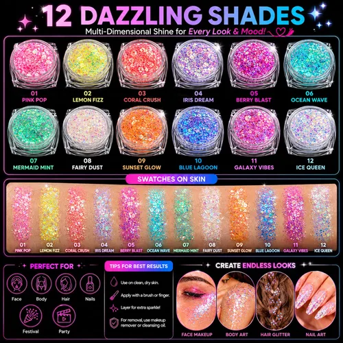 Miniatura 7 de 12 colores de gel con purpurina que brilla en la oscuridad, reactiva a la luz negra UV, para rostro y cuerpo, no necesita pegamento, grado cosmético