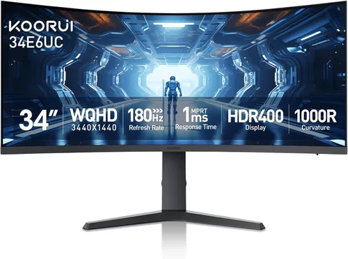 KOORUI Monitor de juegos curvo ultraancho WQHD 3440×1440 de 34 pulgadas, 180Hz 1000R- PIP/PBP, 1ms(MPRT), HDR400, DCI-P3 95%, FreeSync Premium, 1 x