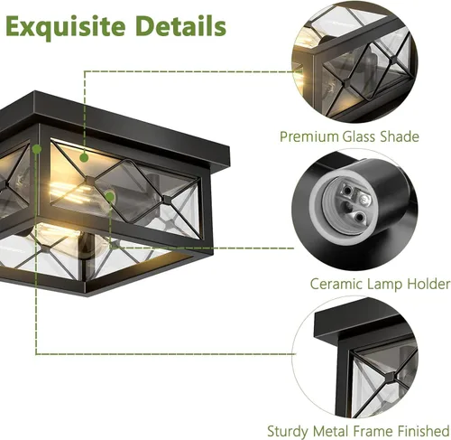 Miniatura 7 de Asnxcju Luminarias de Techo Estilo Granja para Montaje, Lámpara de Techo Empotrada Negra de 2 Luces con Pantalla de Vidrio Transparente, Lámpara