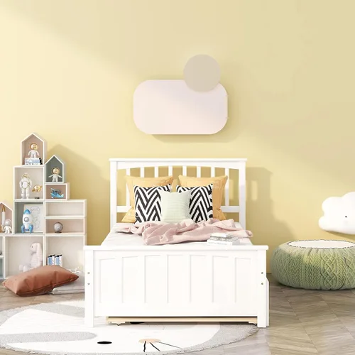 Miniatura 3 de MERITLINE Cama individual con nido, cama corrediza de plataforma con cabecero y estribo para niñas y niños, no necesita somier, (blanco)
