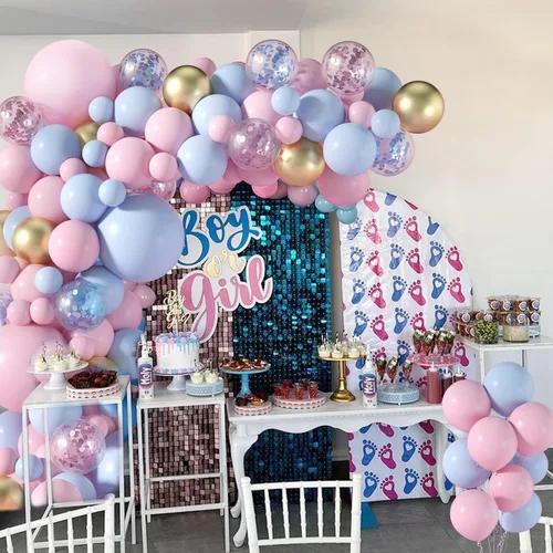 Miniatura 7 de Kit de arco de guirnalda de globos de color rosa claro y azul, 130 unidades de 5+12+18 pulgadas, globos de látex dorado con confeti rosa y azul